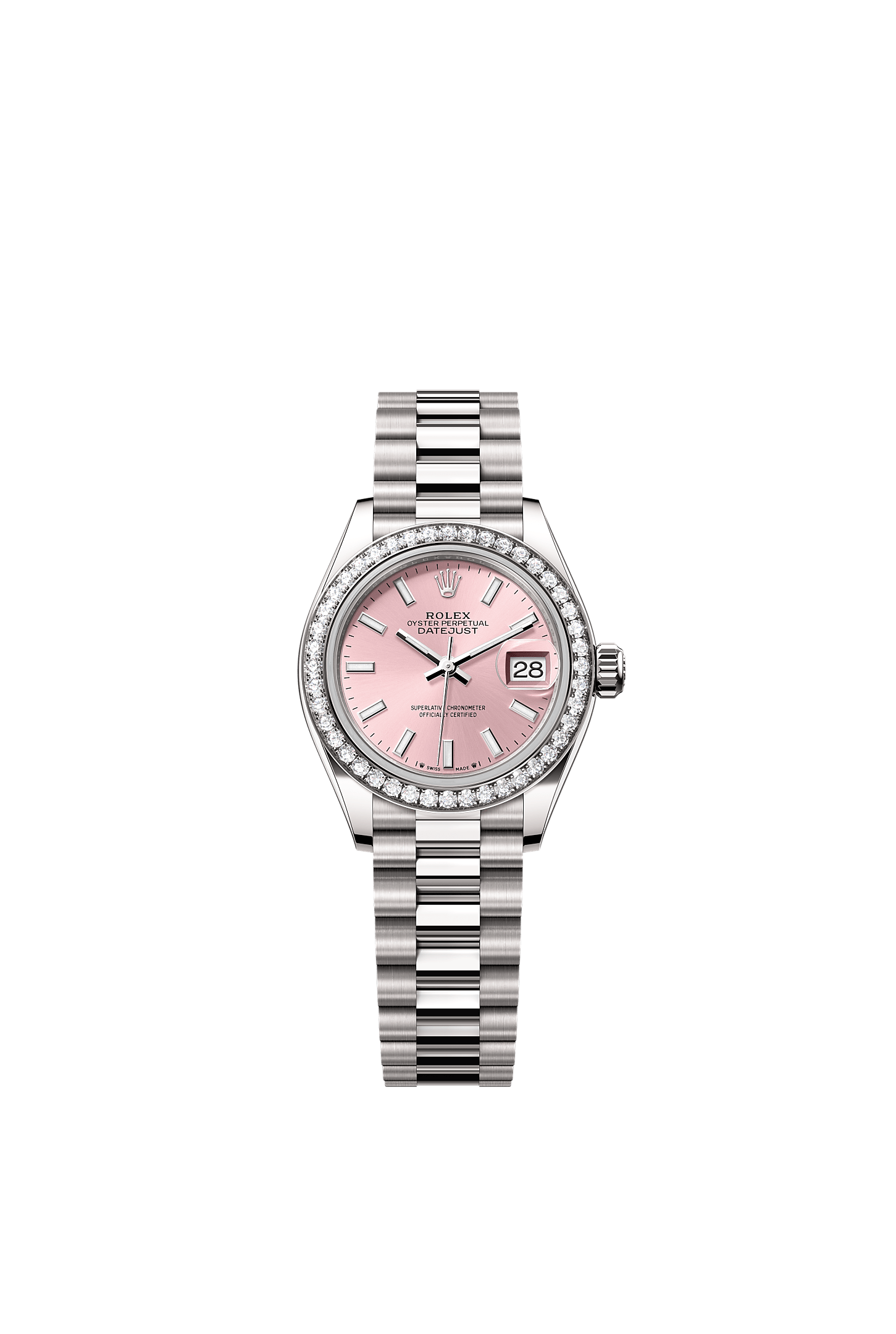 Lady-Datejust Oyster Chronometer Watch 28mm 18ct White Gold Pink Diamond Dial President Bracelet