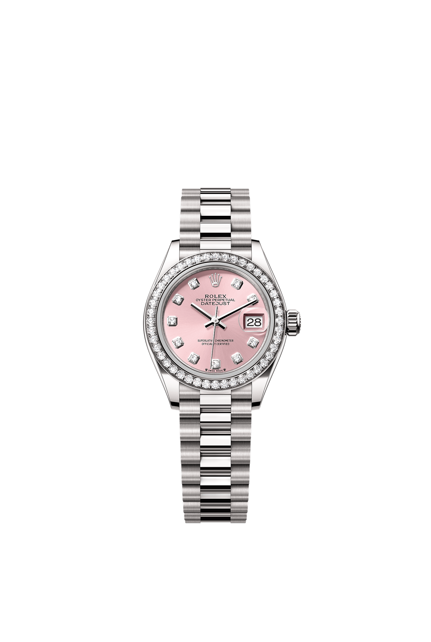 Lady-Datejust Oyster Chronometer Watch 28mm 18ct White Gold Pink Diamond Dial President Bracelet