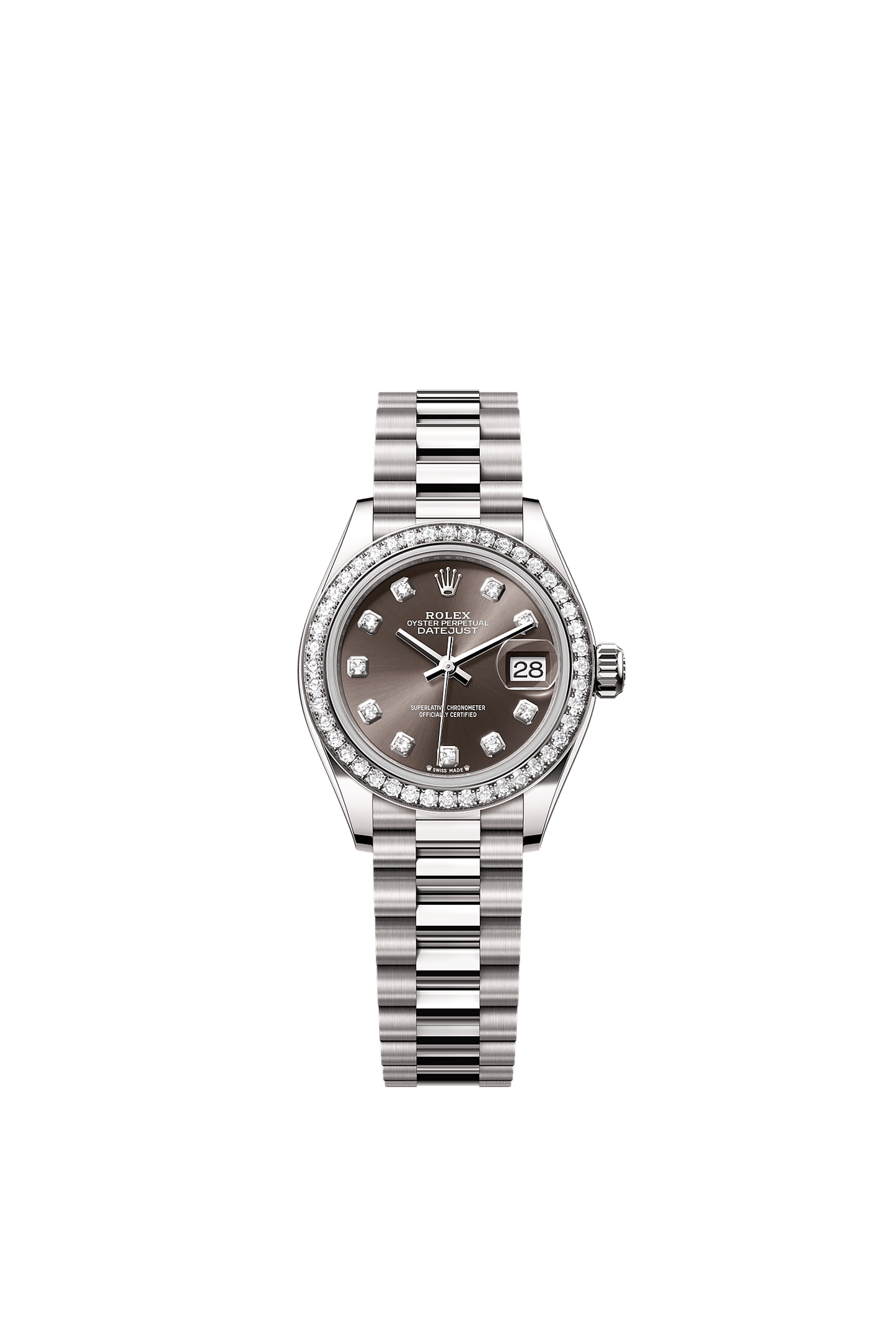Lady-Datejust Oyster Chronometer Watch 28mm 18ct White Gold Dark Grey Diamond Dial President Bracelet