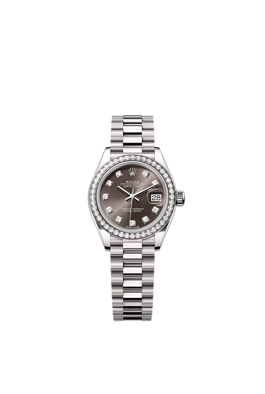 Lady-Datejust Oyster Chronometer Watch 28mm 18ct White Gold Dark Grey Diamond Dial President Bracelet