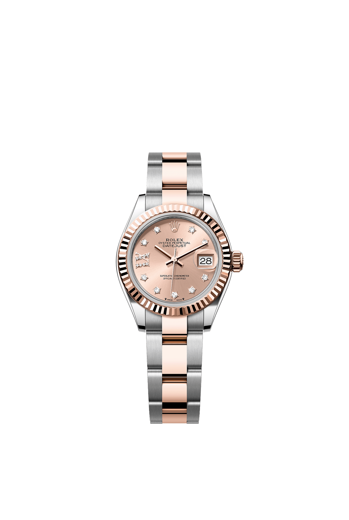 Lady-Datejust 28 Oystersteel Everose Gold Rosé Sunray Diamond Dial Fluted Bezel Oyster Bracelet 28mm Self-Winding Watch