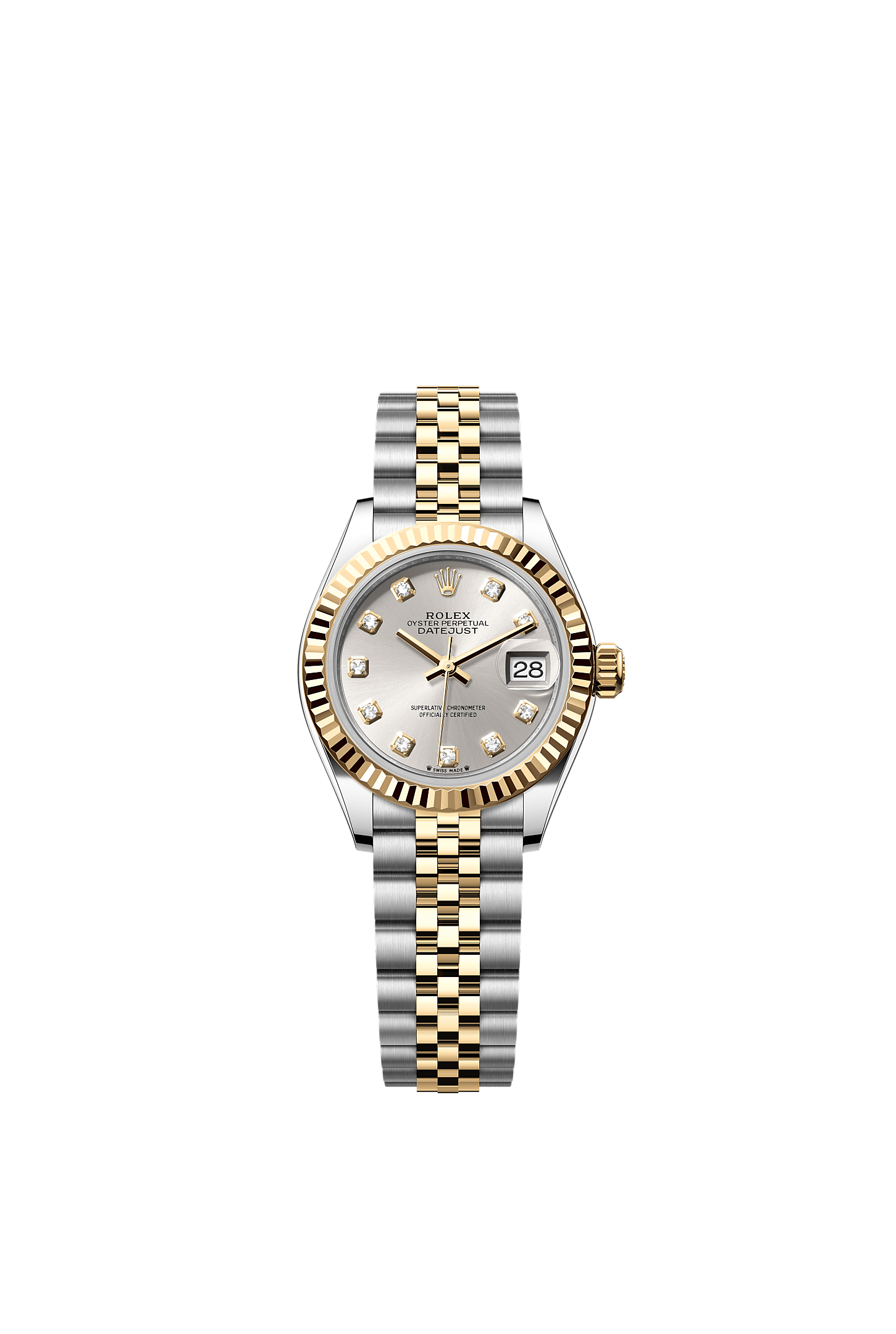 Lady-Datejust 28 Oystersteel Yellow Gold Silver Diamond Dial Fluted Bezel Jubilee Bracelet 28mm Self-Winding Watch