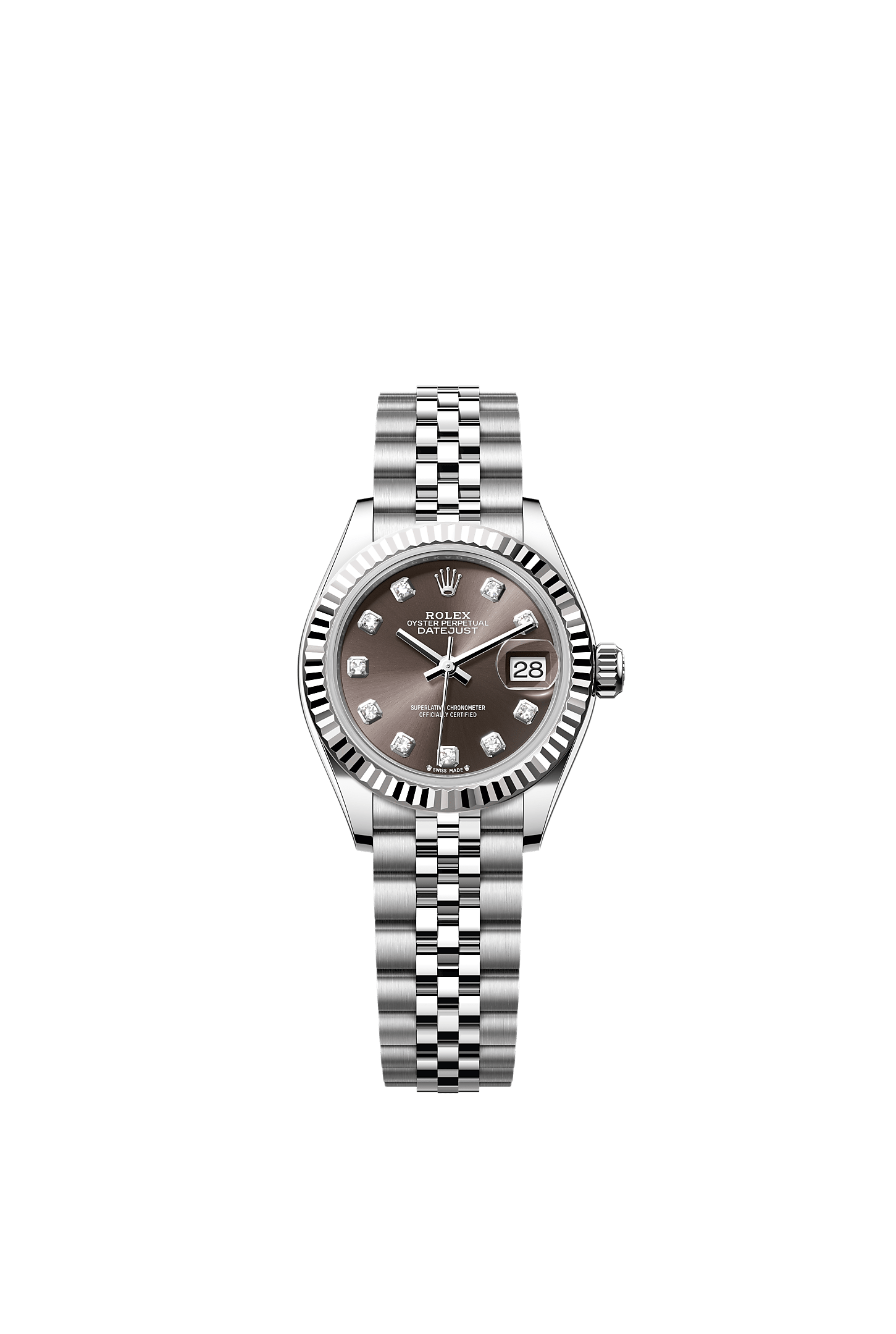 Lady-Datejust 28 Oystersteel White Gold Dark Grey Diamond Dial Fluted Bezel Jubilee Bracelet 28mm Self-Winding Watch