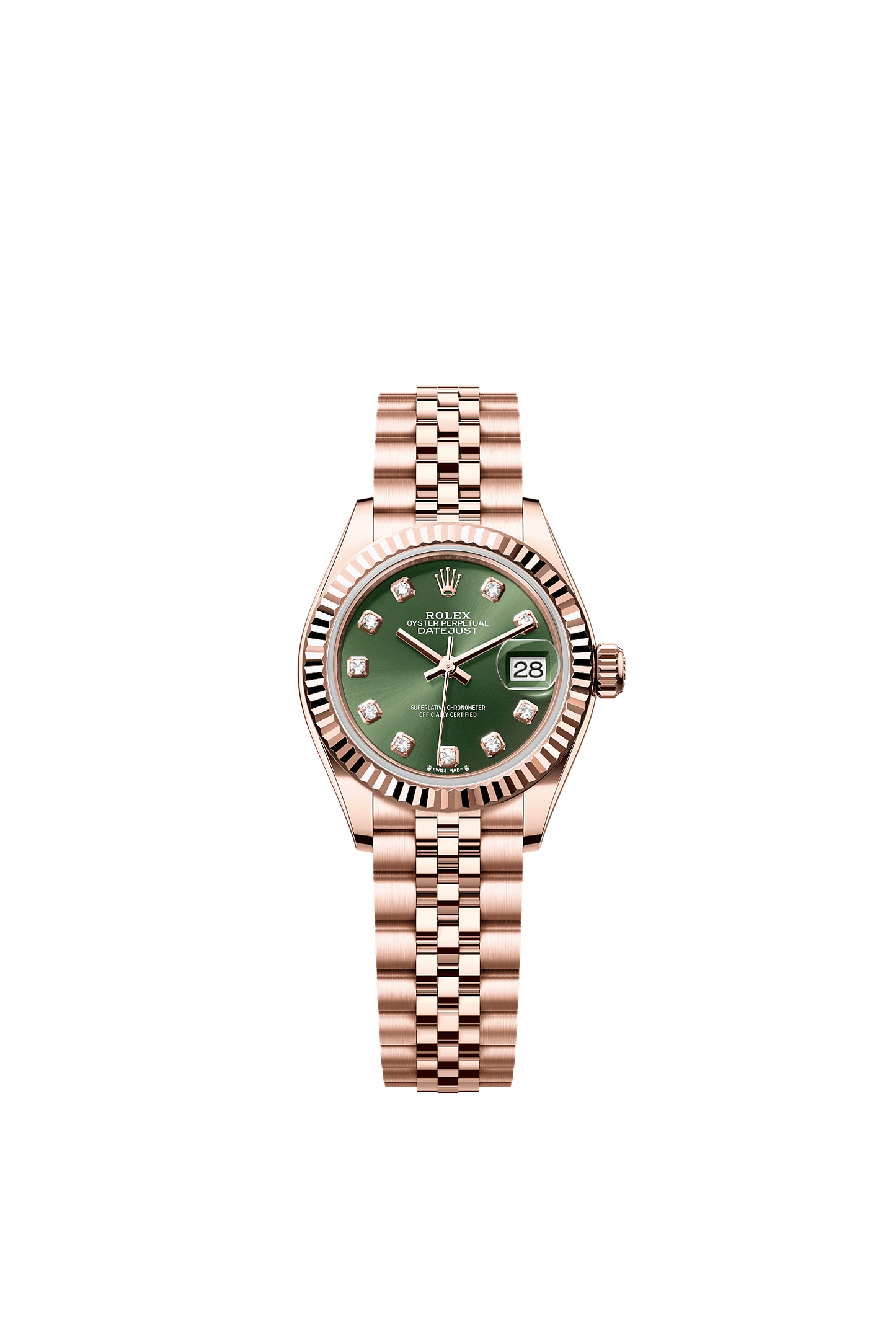 Lady-Datejust Oyster Chronometer Watch 28mm 18ct Everose Gold Olive Green Diamond Dial Jubilee Bracelet