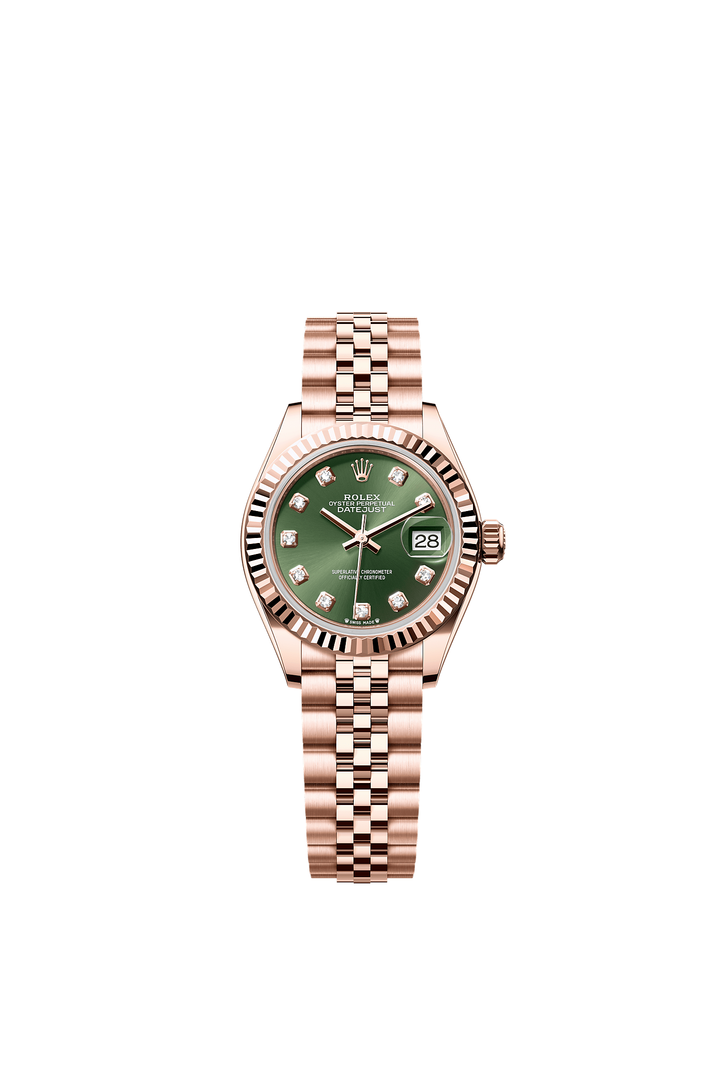 Lady-Datejust Oyster Chronometer Watch 28mm 18ct Everose Gold Olive Green Diamond Dial Jubilee Bracelet