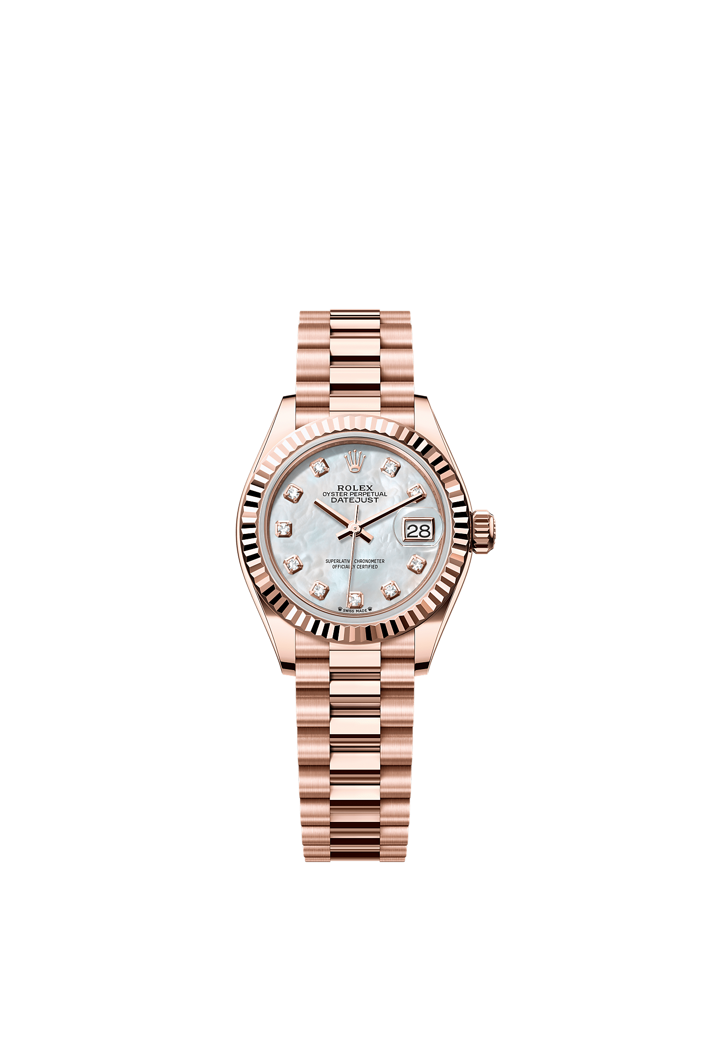 Lady-Datejust Oyster Chronometer Watch 28mm 18ct Everose Gold White Mother-Of-Pearl Diamond Dial President Bracelet