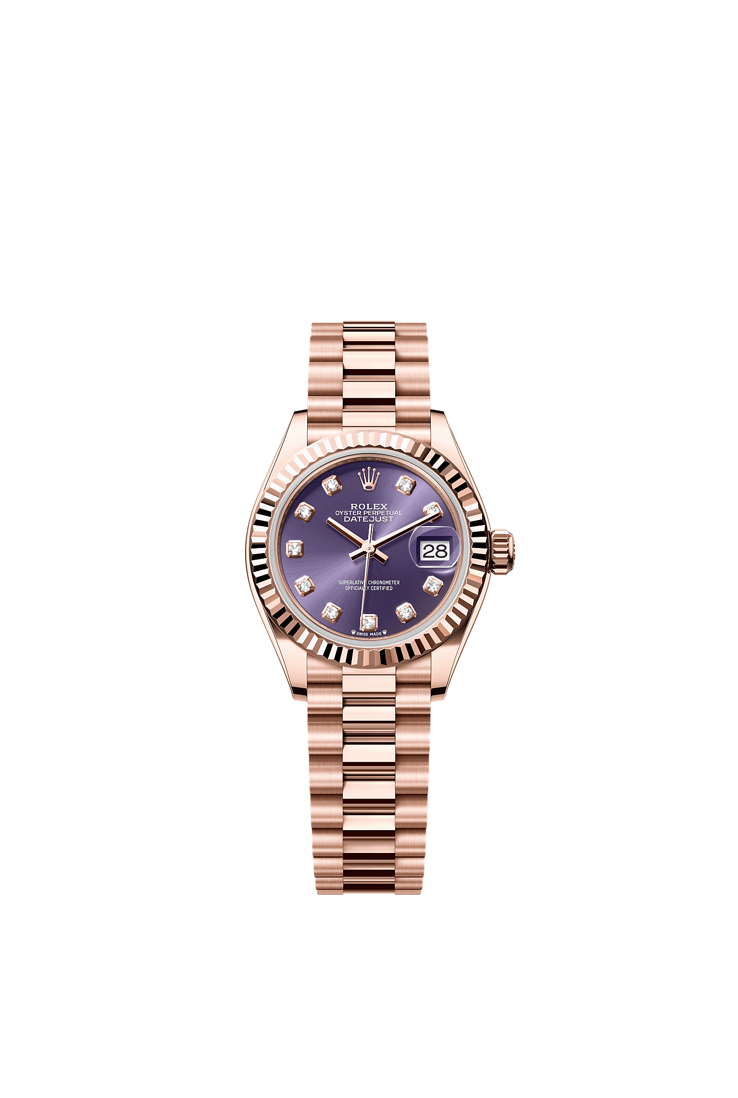 Lady-Datejust Oyster Chronometer Watch 28mm 18ct Everose Gold Aubergine Diamond Dial President Bracelet