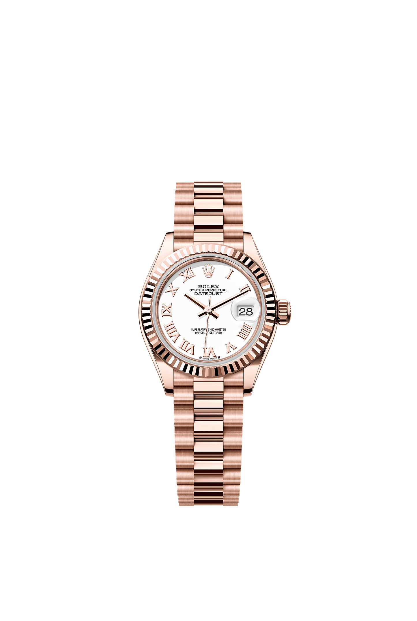 Lady-Datejust Oyster Chronometer Watch 28mm 18ct Everose Gold White Dial President Bracelet