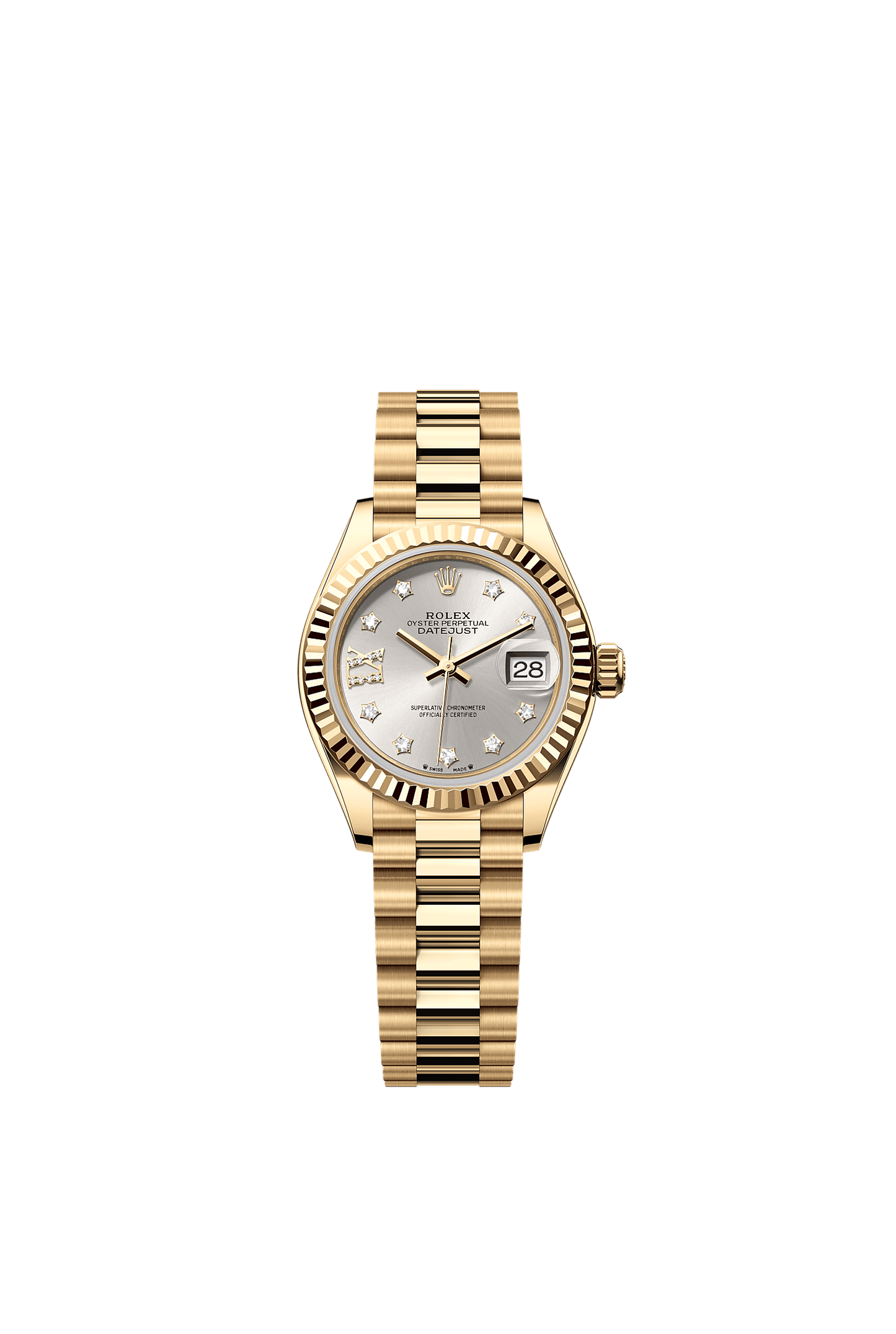 Lady-Datejust Oyster Chronometer Watch 28mm 18ct Yellow Gold Silver Diamond Dial President Bracelet