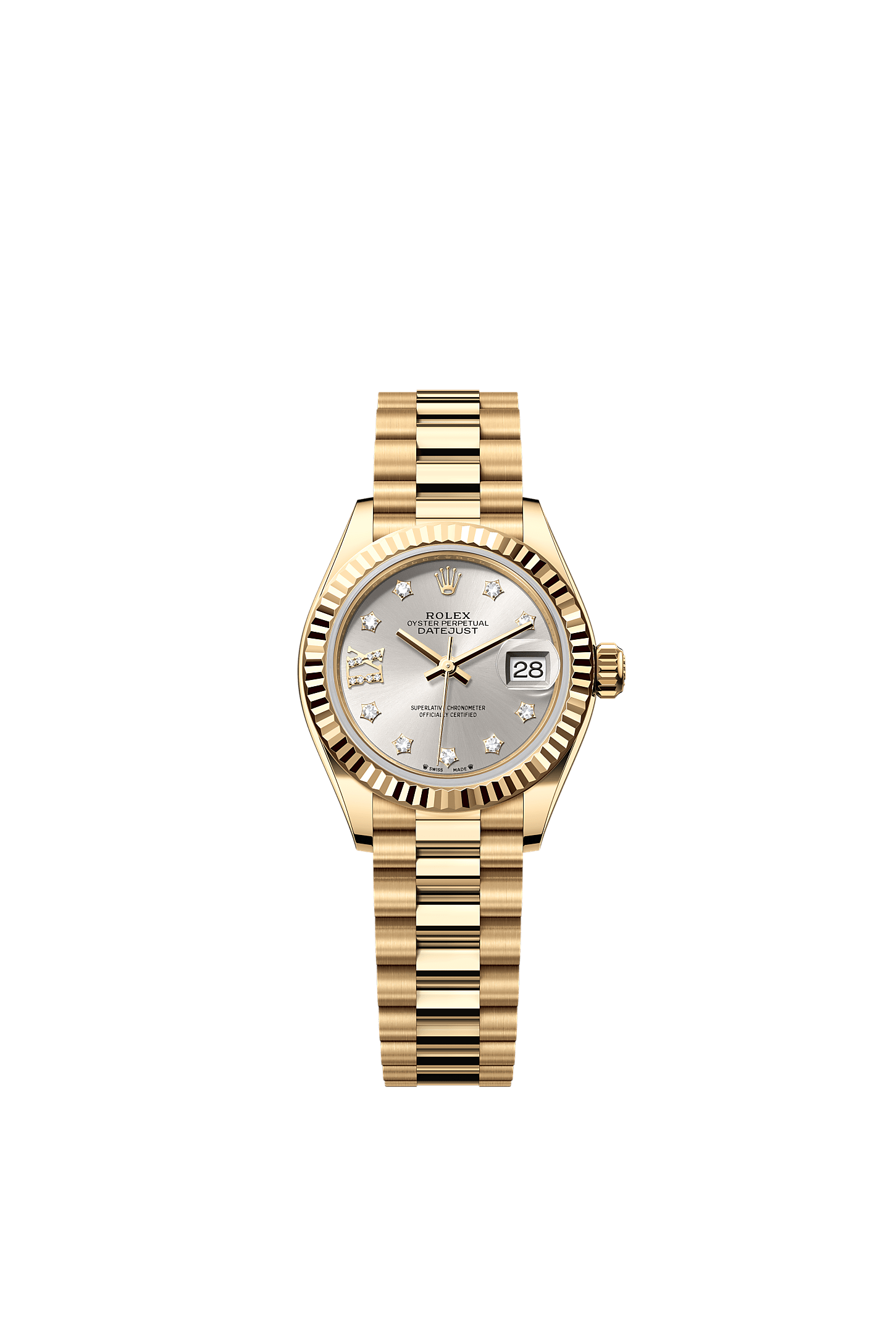 Lady-Datejust Oyster Chronometer Watch 28mm 18ct Yellow Gold Silver Diamond Dial President Bracelet
