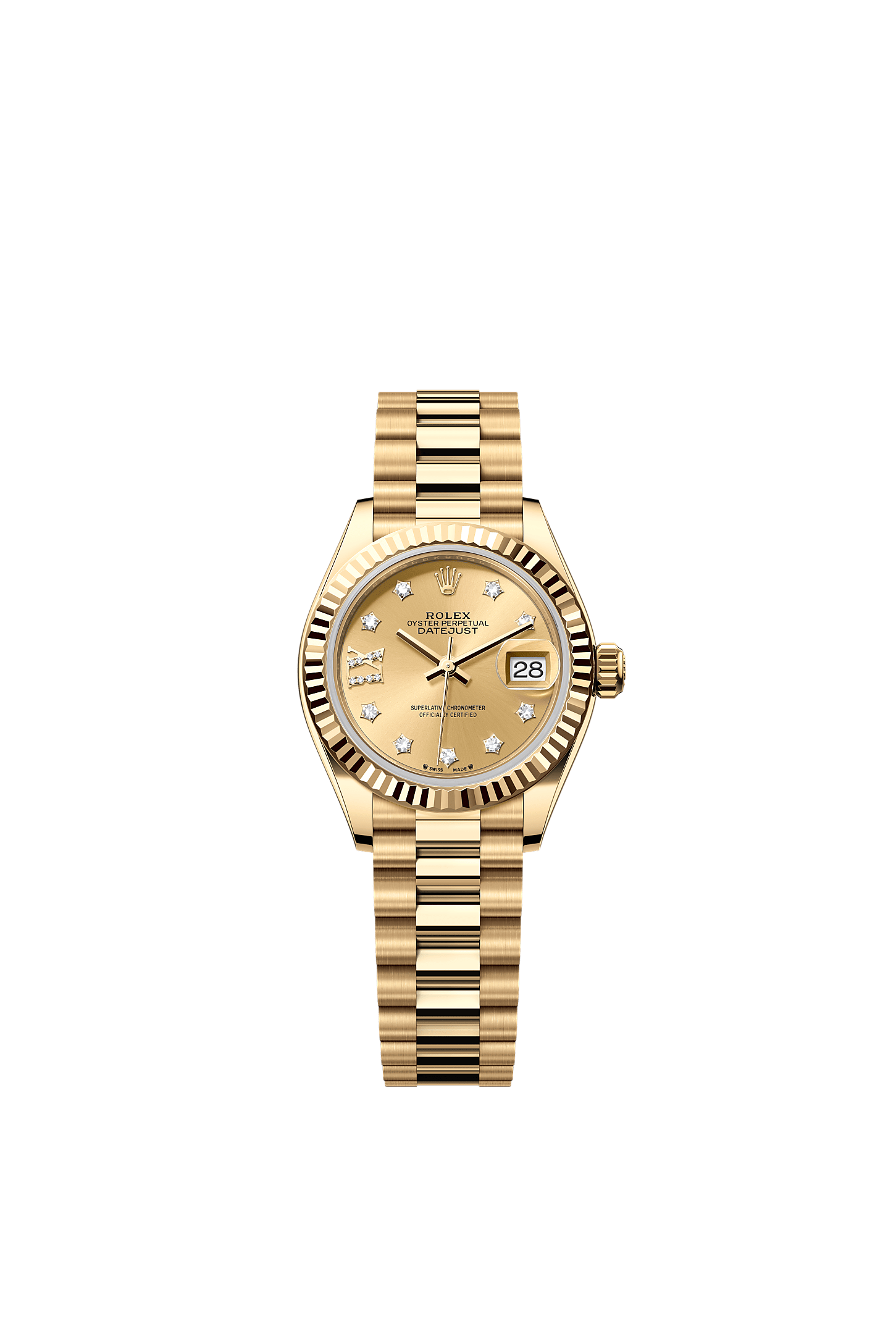 Lady-Datejust Oyster Chronometer Watch 28mm 18ct Yellow Gold Champagne Diamond Dial President Bracelet