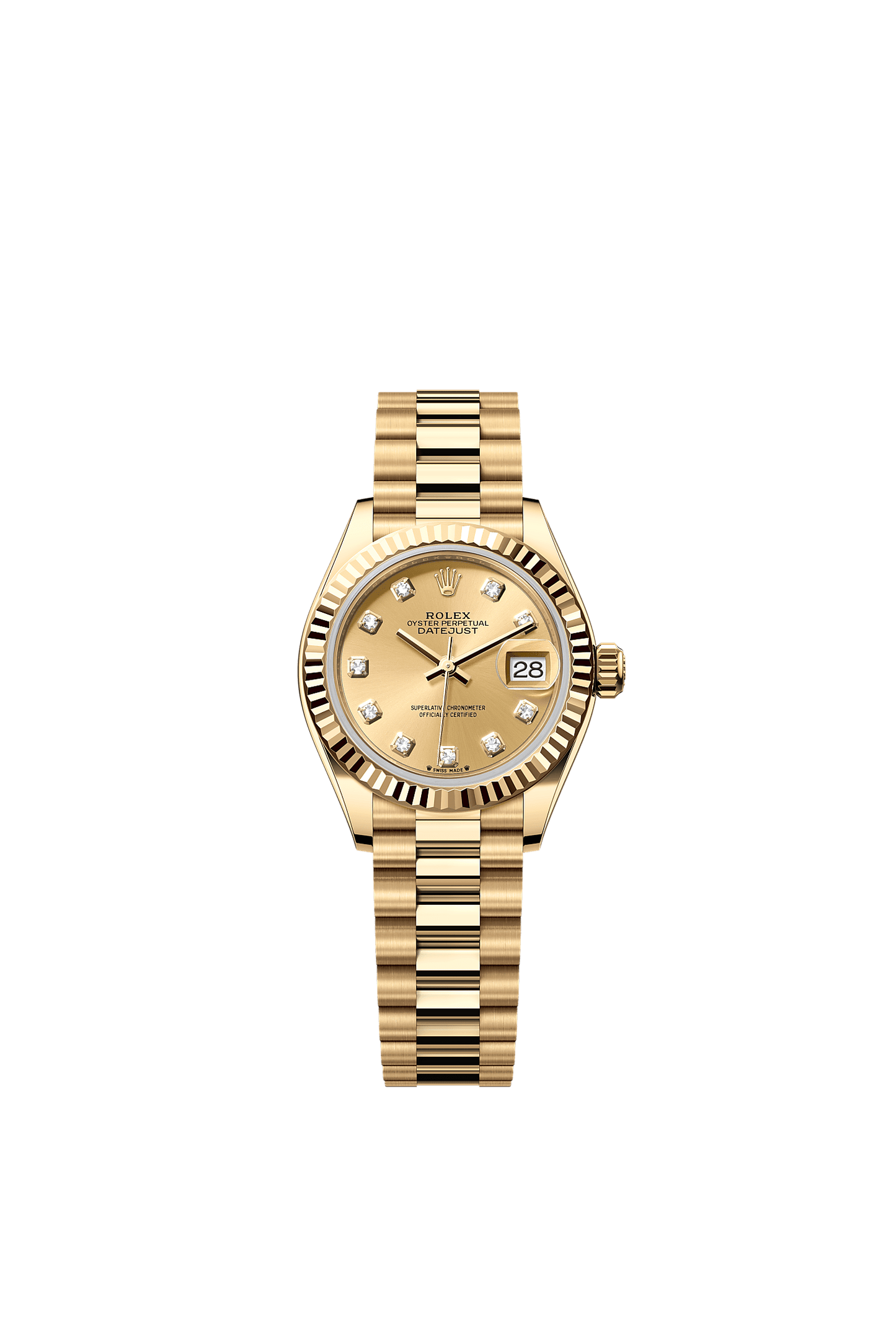 Lady-Datejust Oyster Chronometer Watch 28mm 18ct Yellow Gold Champagne Diamond Dial President Bracelet