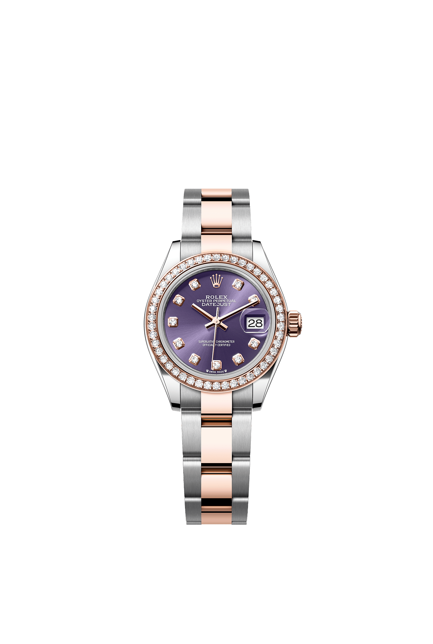 Lady-Datejust 28 Oystersteel Everose Gold Aubergine Diamond Dial Diamond Bezel Oyster Bracelet 28mm Self-Winding Watch