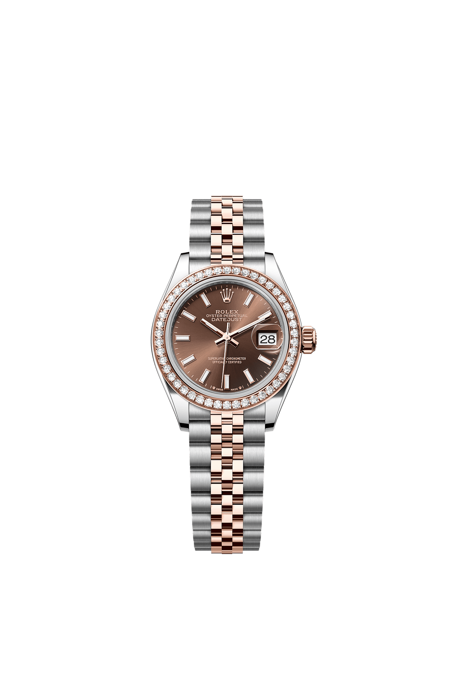Lady-Datejust 28 Oystersteel Everose Gold Chocolate Sunray Diamond Dial Diamond-Set Bezel Jubilee Bracelet 28mm Self-Winding Watch