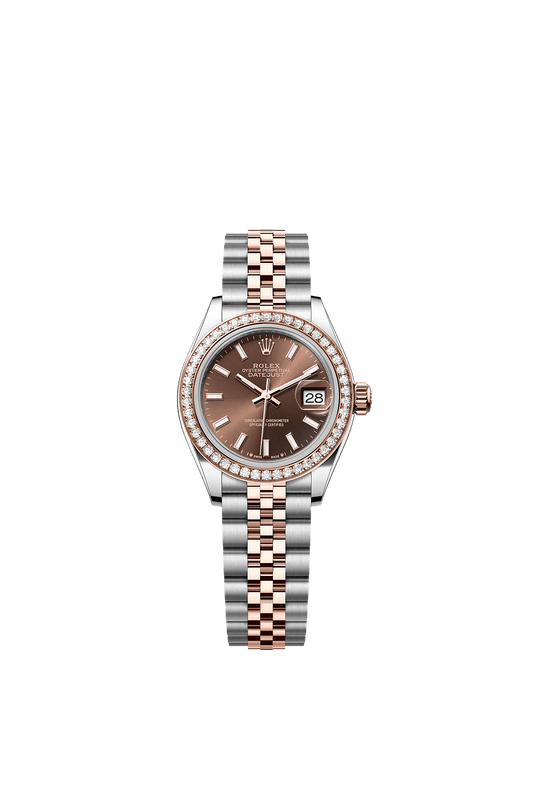 Lady-Datejust 28 Oystersteel Everose Gold Chocolate Sunray Diamond Dial Diamond-Set Bezel Jubilee Bracelet 28mm Self-Winding Watch