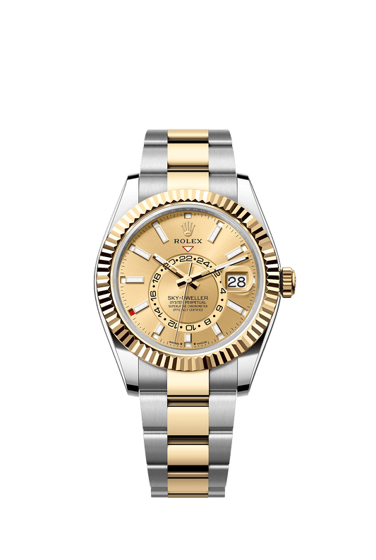 ساعة Sky-Dweller بقطر 42 مم من فولاذ Oystersteel والذهب الأصفر، ميناء بلون الشمبانيا، سوار Oyster، ذاتية التعبئة