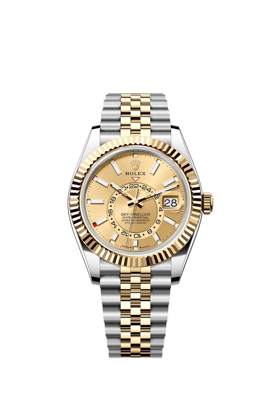 ساعة Sky-Dweller بقطر 42 مم من فولاذ Oystersteel والذهب الأصفر، ميناء بلون الشمبانيا، وسوار جوبيلي، ذاتية التعبئة