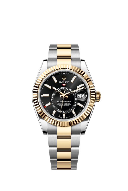 ساعة Sky-Dweller بقطر 42 مم من فولاذ Oystersteel والذهب الأصفر، مع ميناء أسود براق وسوار Oyster، ذاتية التعبئة
