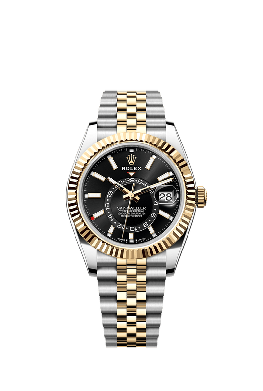 ساعة Sky-Dweller بقطر 42 مم من فولاذ Oystersteel والذهب الأصفر، مع ميناء أسود براق وسوار Jubilee ذاتية التعبئة