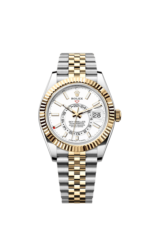ساعة Sky-Dweller بقطر 42 مم من فولاذ Oystersteel والذهب الأصفر، بميناء أبيض مكثف وسوار Jubilee ذاتية التعبئة
