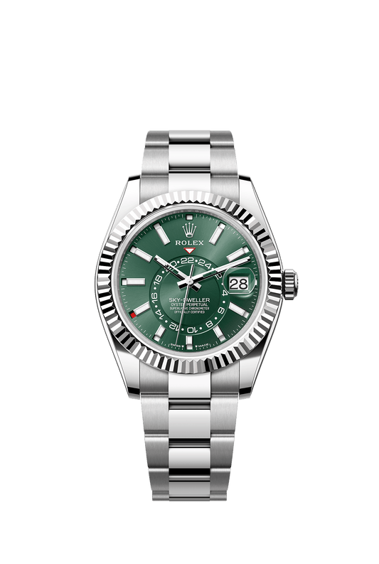 ساعة Sky-Dweller بقطر 42 مم من فولاذ Oystersteel والذهب الأبيض، ميناء باللون الأخضر النعناعي، إطار مخدد وسوار Oyster، ذاتية التعبئة