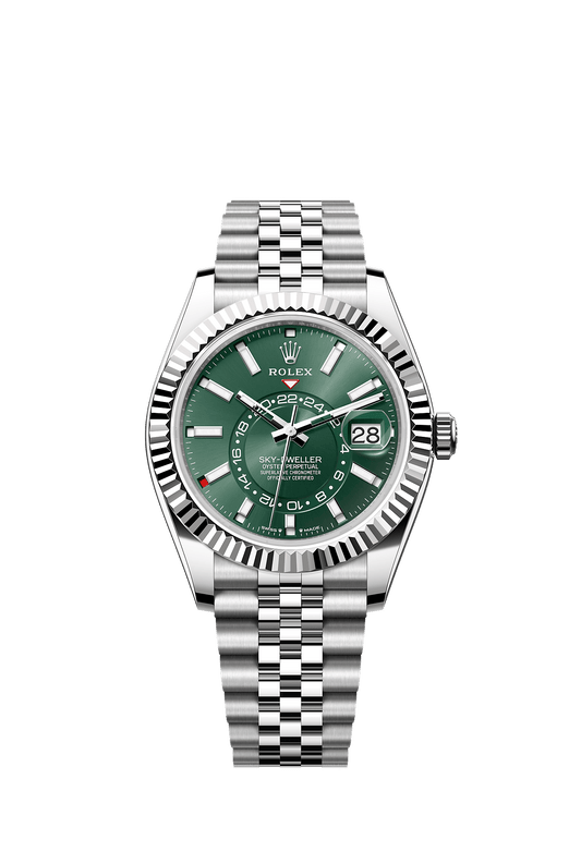 ساعة Sky-Dweller بقطر 42 مم من فولاذ Oystersteel والذهب الأبيض، بميناء أخضر فاتح وسوار Jubilee ذاتية التعبئة