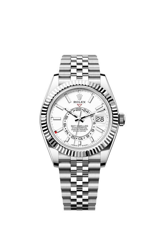 ساعة Sky-Dweller بقطر 42 مم من فولاذ Oystersteel والذهب الأبيض، بميناء أبيض مكثف وسوار Jubilee ذاتية التعبئة