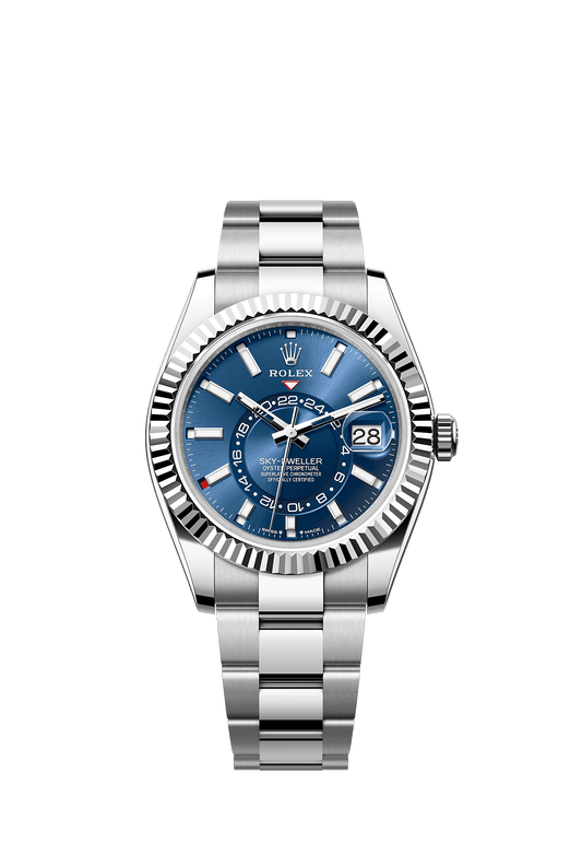 ساعة Sky-Dweller بقطر 42 مم من فولاذ Oystersteel والذهب الأبيض، مع ميناء أزرق زاهٍ وسوار Oyster، تعمل بحركة ذاتية التعبئة
