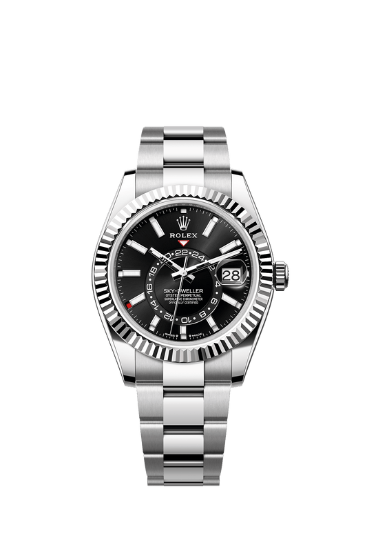 ساعة Sky-Dweller بقطر 42 مم من فولاذ Oystersteel والذهب الأبيض، بميناء أسود براق وسوار Oyster، ذاتية التعبئة