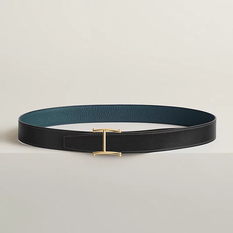 NOIR / GOLD - BLEU MARINE / ÉCORCE SERIF BELT BUCKLE & REVERSIBLE LEATHER STRAP 32 MM