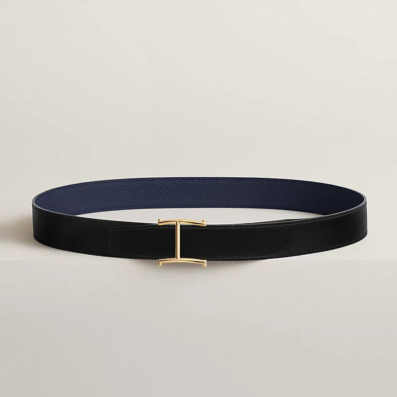 NOIR / GOLD - BLEU MARINE / ÉCORCE SERIF BELT BUCKLE & REVERSIBLE LEATHER STRAP 32 MM
