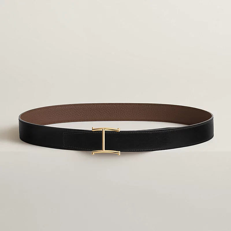 NOIR / GOLD - BLEU MARINE / ÉCORCE SERIF BELT BUCKLE & REVERSIBLE LEATHER STRAP 32 MM