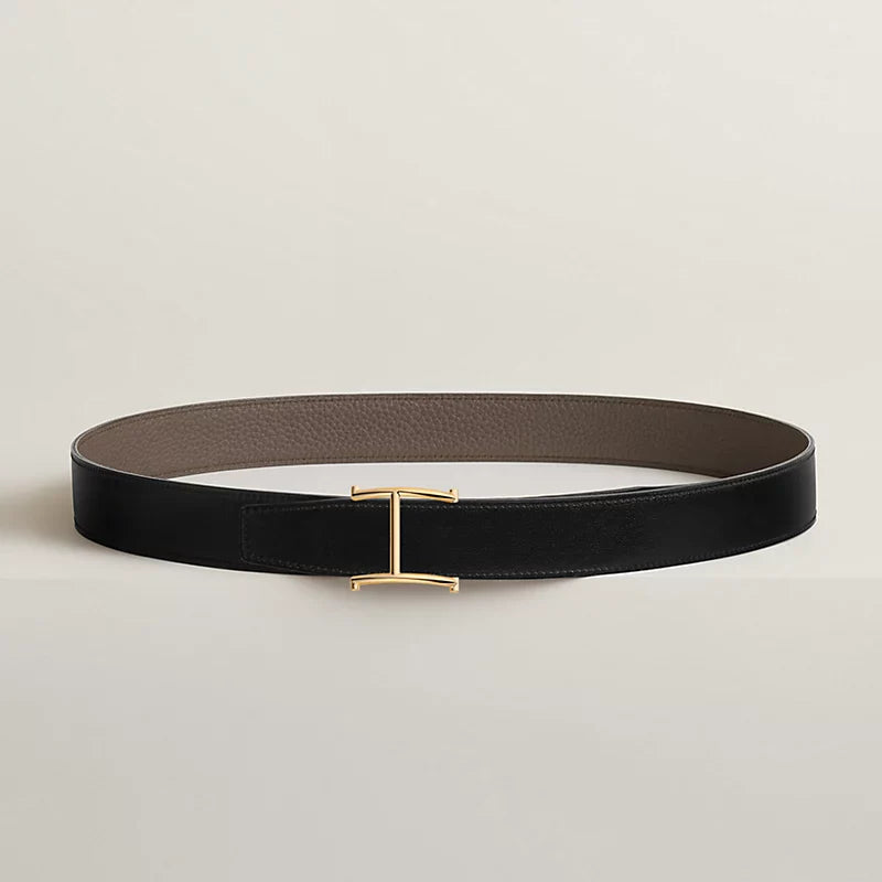 NOIR / GOLD - BLEU MARINE / ÉCORCE SERIF BELT BUCKLE & REVERSIBLE LEATHER STRAP 32 MM