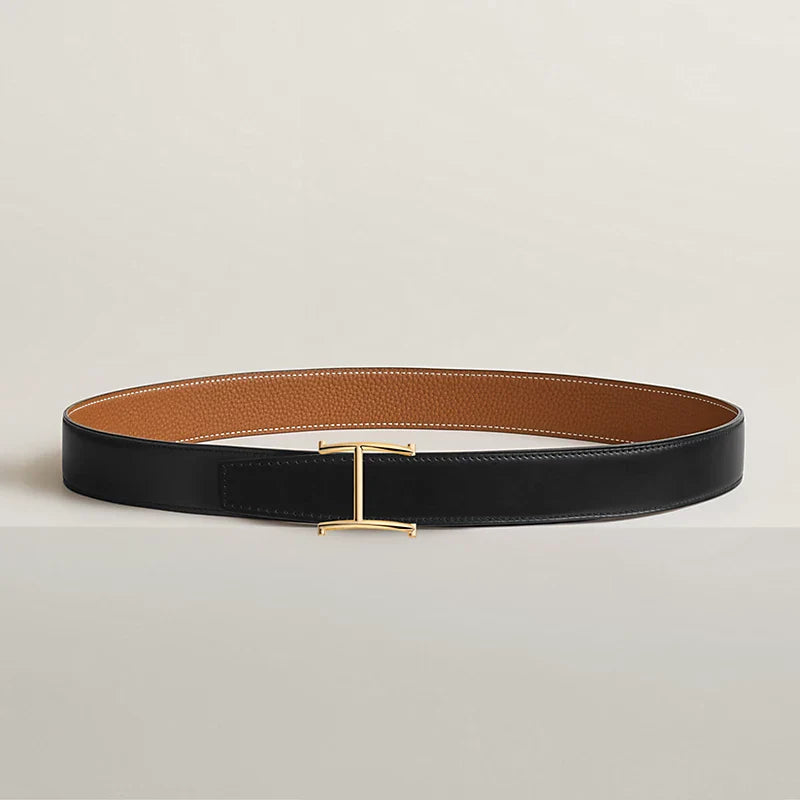 NOIR / GOLD - BLEU MARINE / ÉCORCE SERIF BELT BUCKLE & REVERSIBLE LEATHER STRAP 32 MM