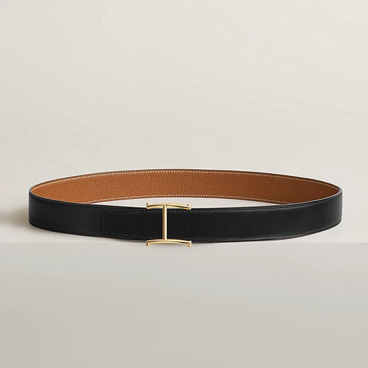 NOIR / GOLD - BLEU MARINE / ÉCORCE SERIF BELT BUCKLE & REVERSIBLE LEATHER STRAP 32 MM