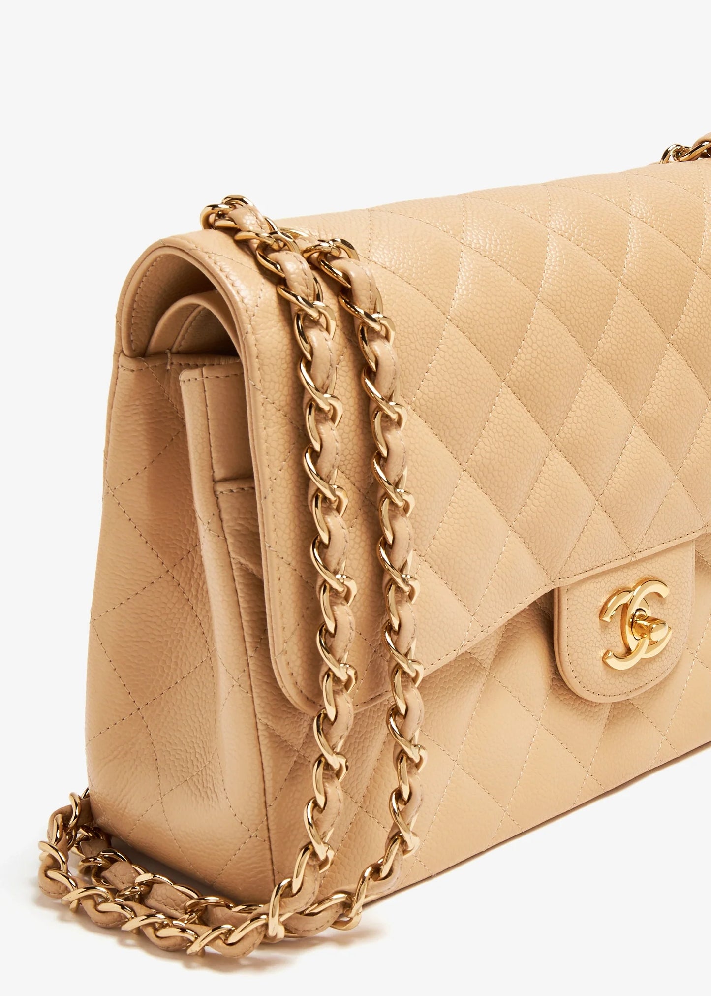 Caviar Quilted Medium Double Flap Beige