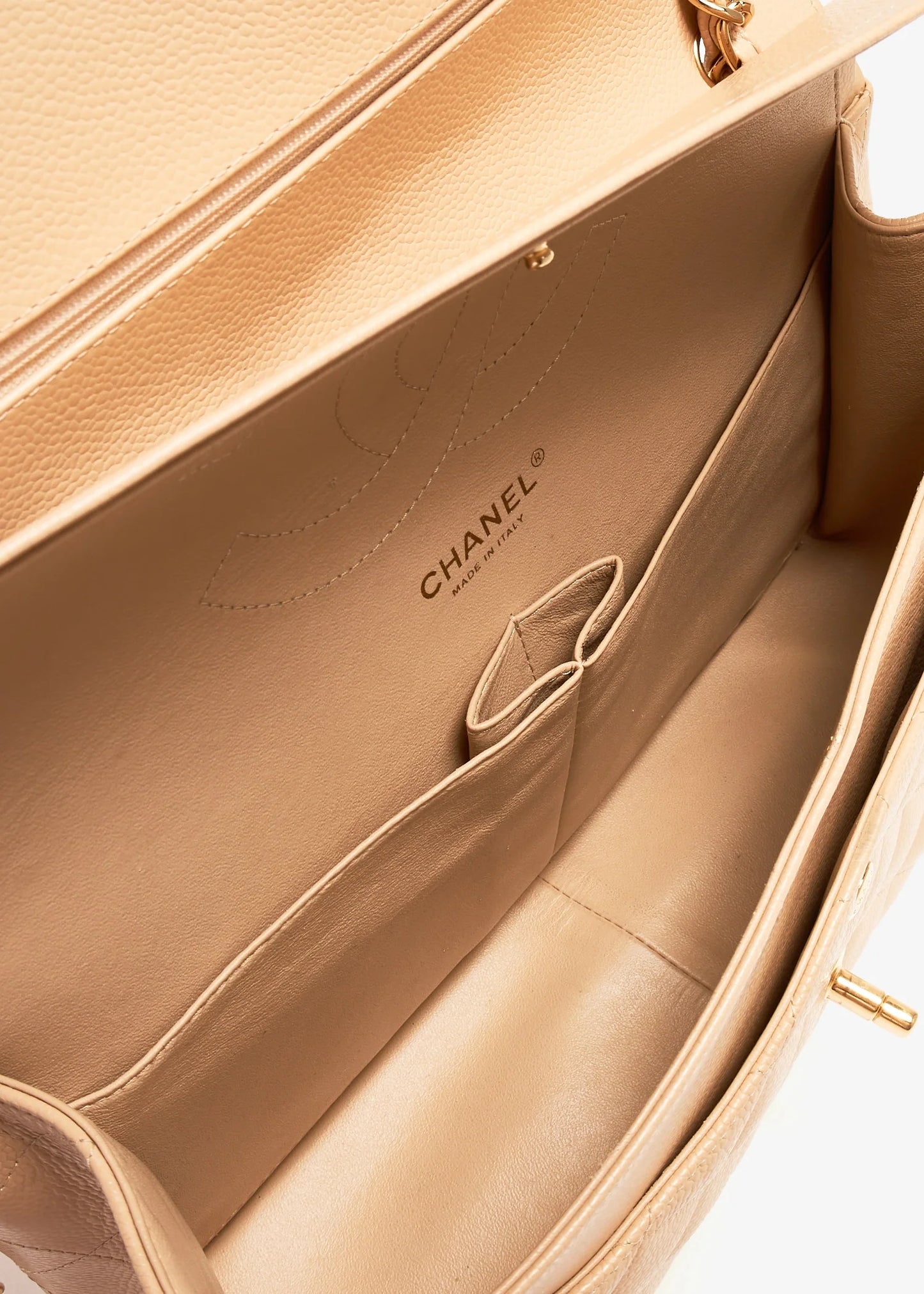 Caviar Quilted Medium Double Flap Beige