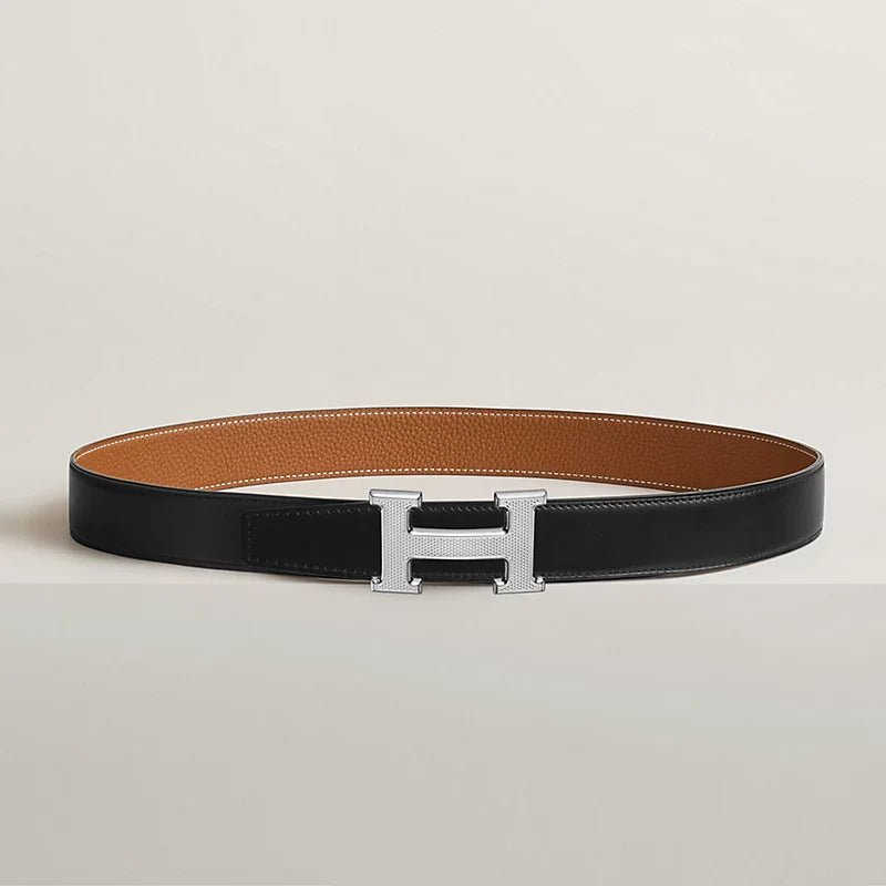 H Guillochee Belt Buckle & Reversible Leather Strap 32 MM