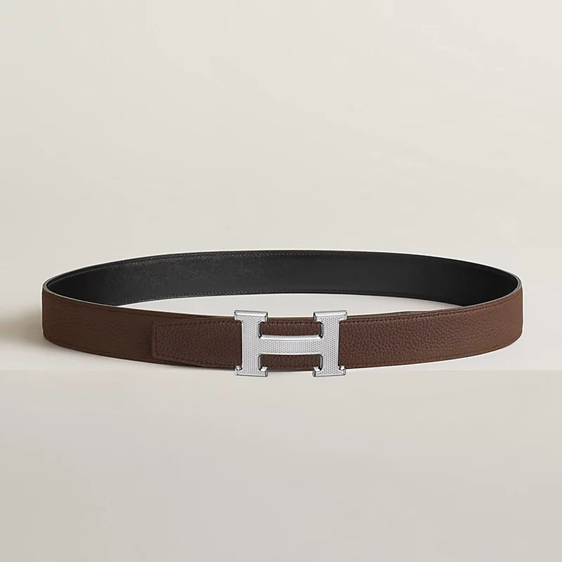 H Guillochee Belt Buckle & Reversible Leather Strap 32 MM