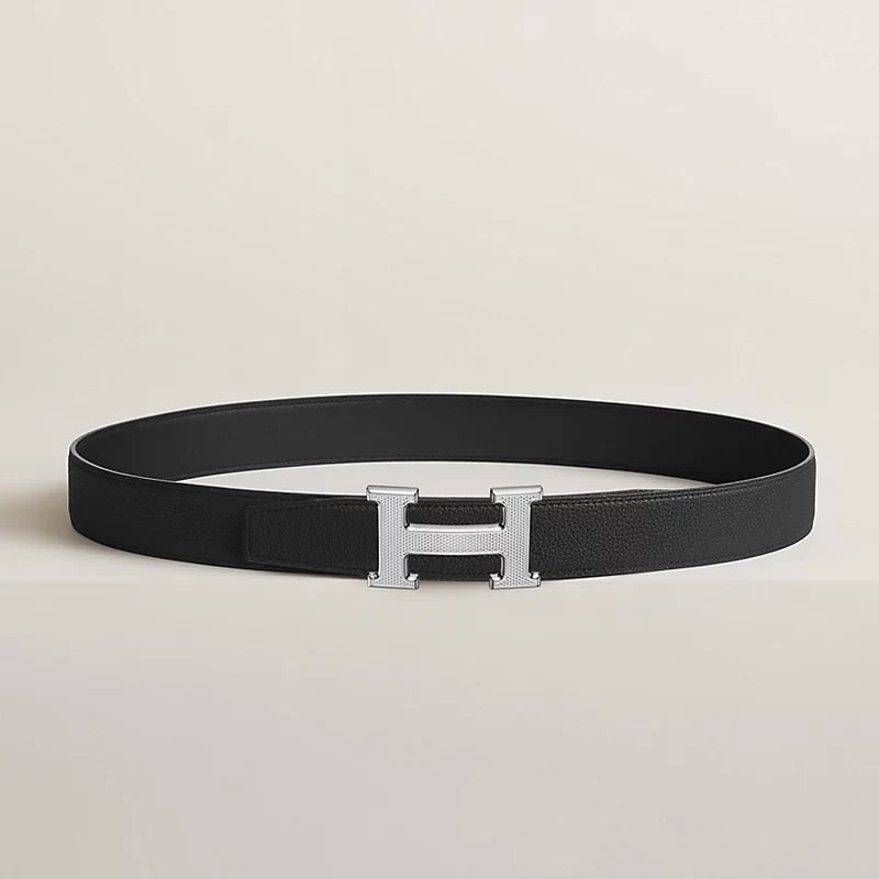 H Guillochee Belt Buckle & Reversible Leather Strap 32 MM