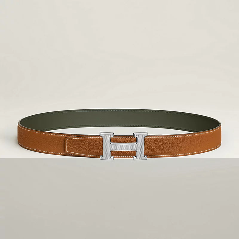 H Guillochee Belt Buckle & Reversible Leather Strap 32 MM
