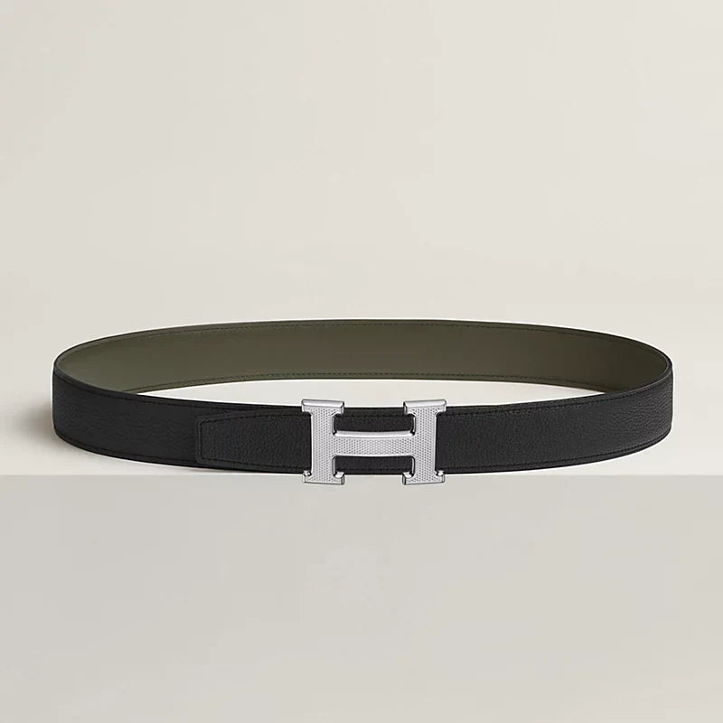 H Guillochee Belt Buckle & Reversible Leather Strap 32 MM